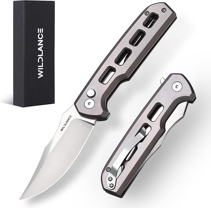 Small EDC Pocket Knife for Men &amp Women - 3 Trailing Point D2 Blade Titanium Handle with Button Lock &amp Pocket Clip | Small Slim Cool Folding Knife for Daily Carry Camping Hiking &amp Outdoo
