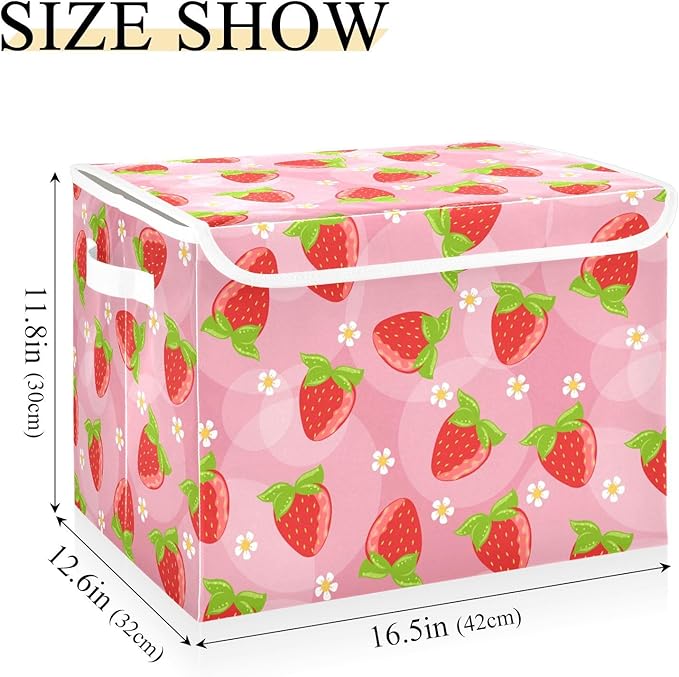 Storage Box Strawberry Fruits Closet Storage Bins with Lids Foldable Oxford Fabric Storage Box for Home Bedroom Closet Office (16.5x12.6x11.8 in)