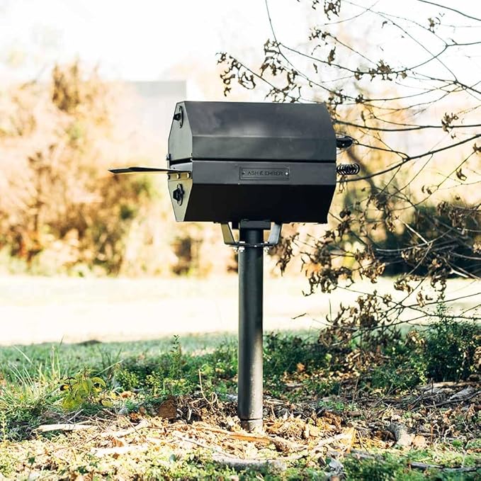 Ash &amp Ember Park-Style Grill/Smoker 260 Sq In Charcoal Grill with Cover 17.5x11.5 Grate Side Shelf for Food Prep Single Post Permanent Park-Style Grill for Outdoor Backyard BBQ