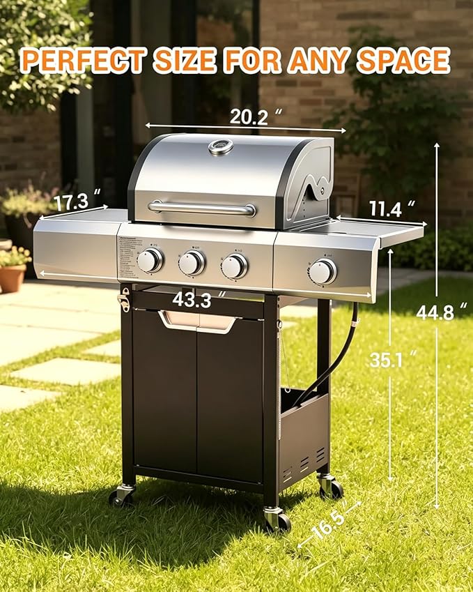 EUHOME 40500 BTU 3-Burner Propane Gas Grill with Side Burner Stainless Steel Outdoor BBQ Grill with 380 sq.in Cooking Space 4 Swivel Casters &amp Cast Iron Grates for Patio Backyard Garden