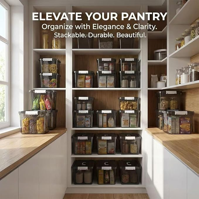Stackable Plastic Black Storage Bins with Lids 6 Pack 12 Quart Modular Organizer Boxes with Secure Latches for Closet Pantry Office and Small Item Storage