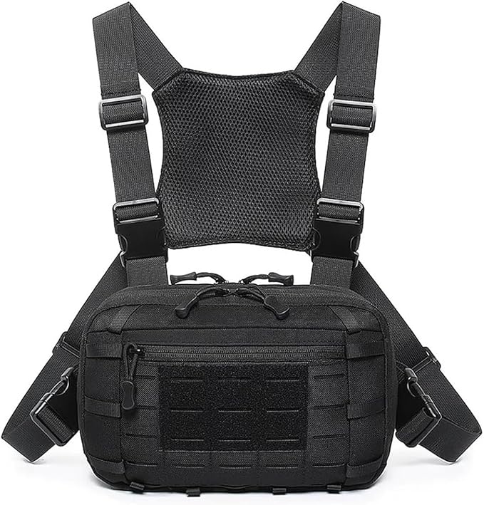 Genérico Compatible For Tactical Chest Pack Webbing System Adjustable Straps Zipper Closure Breathable(Black color)