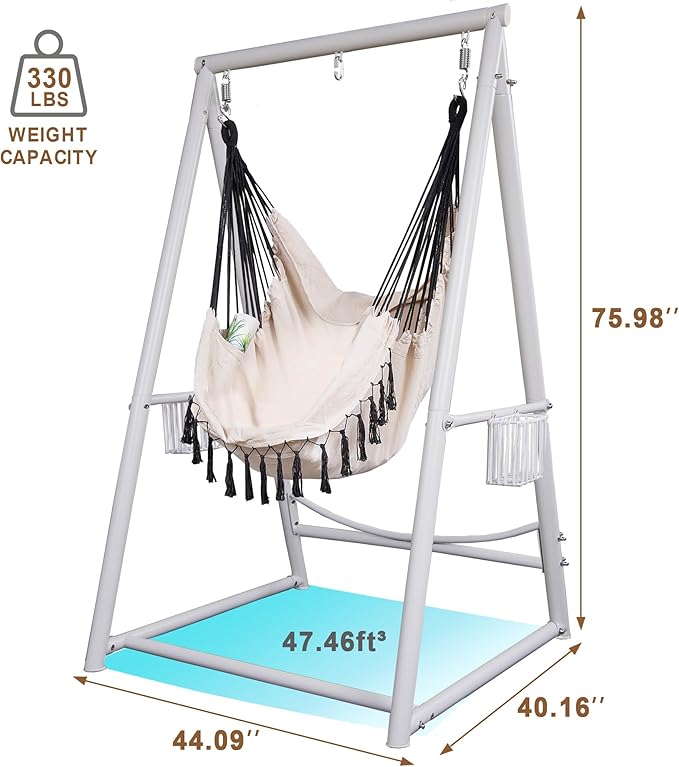 Hammock Chair Hanging Rope Swing &amp Stand Set with Two Holders Heavy Duty Hanging Stand with Three Hooks Multi-Use for Indoor Outdoor Patio Yard Garden(White &amp Khaki)