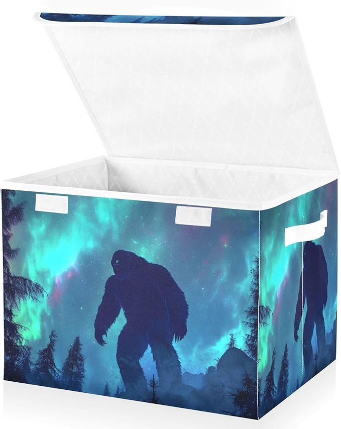 Storage Cube with Lid Aurora Sasquatch Print 16.5×12.6×11.8 IN Collapsible Large Capacity Foldable Storage Basket Bin Organizer