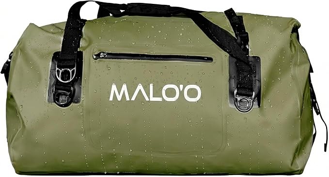 Malo’o Waterproof Dry Duffel Heavy-Duty Roll Top Waterproof Gear Bag with Shoulder Strap &amp Molle Loops Marine Duffel for Kayaking Boating Camping Beach &amp Travel Dark Green 40L