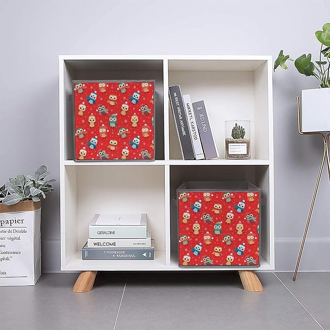 Collapsible Storage Bins with Handles Christmas Owl Red Large Capacity Foldable Cube Box for Blankets Comforters Pillows Perfect for Linen Closet Storage