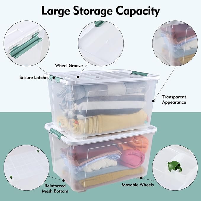 85 Quart Plastic Storage Bins with Wheels Large Clear Latching Storage Box 4 Pack
