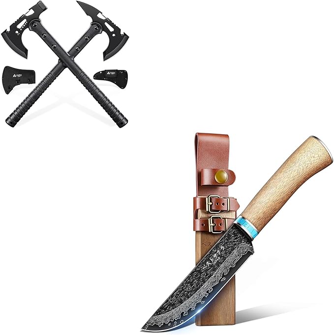 Freelander Damascus Fixed Blade Knife Bundle with Tactical Axe 2 Pack