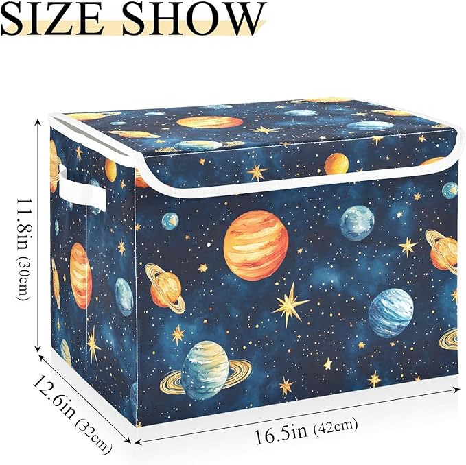 AIXIWAWA Lidded Storage Cube (Watercolor Planets) Fabric Foldable Closet Bins with Flip Lid and Handles Organizer Basket Container 16.5 x 12.6 x 11.8 IN