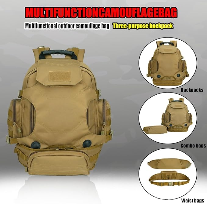 40L Tactical Military MOLLE Assault Backpack Pack 3 Way Modular Attachments Waterproof Large Bag Rucksack Sport(Khaki)