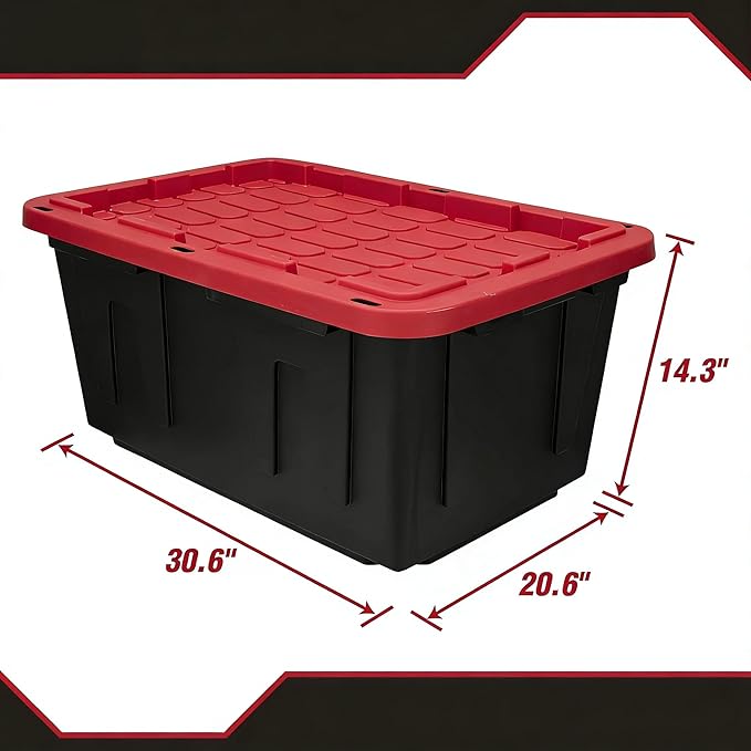 (2 Pack) 27 Gallon Large Storage Bin with Snap Lid Black and Red Heavy Duty Plastic Storage Container Stackable with Secure 2-Point Closure Lockable Holes Indoor/Outdoor Use