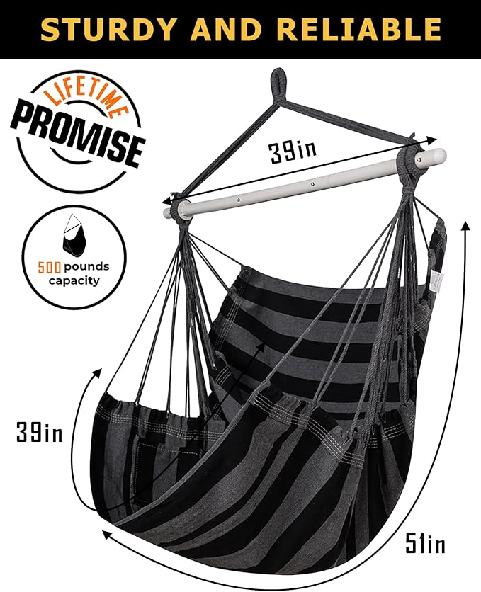 ADVOKAIR Hammock Chair Swing Heavy-Duty Hanging Rope Swing Seat Supports 500 Lbs Ideal for Outdoor Patio Backyard Porch Deck &amp Indoor Bedroom Use