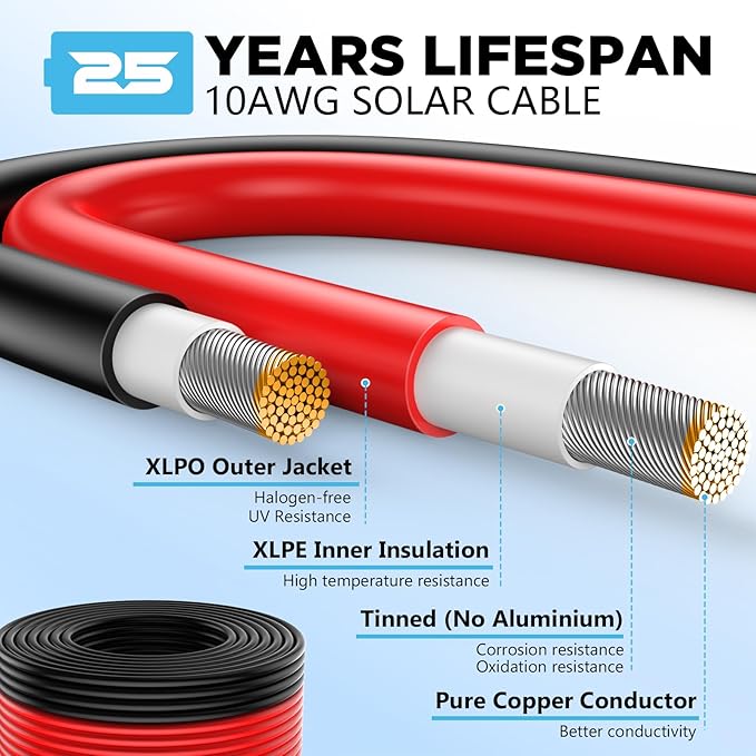 10AWG Solar Wire Solar Cable 50Ft Solar Extension Cable Solar Panel Wire 10 Gauge Wire Tinned Copper PV Wire for Home Boat RV Solar Panels Charger Controller Battery Inverter