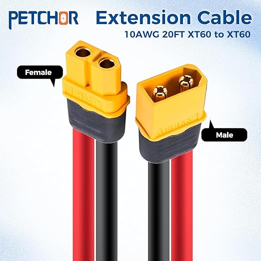 10AWG XT60 Extension Cable 20FT Heavy Duty Tinned Copper Wire XT60 Integrated Cable with Male to Female Connector for RC Battery Solar Panel Portable Power Station