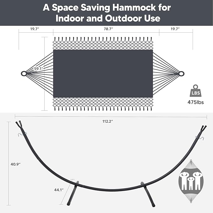 SUNCREAT Portable Outdoor Hammock with Stand Included Double Hammock with Tassel for Outside Dark Gray
