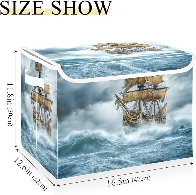 Sea Ship Storm Large Linen Storage Bins with Lid &amp Handle Foldable Storage Cubes Organizer Box Basket with Flip-Top Lid for Home Office 16.5” x 12.6” x 11.8”