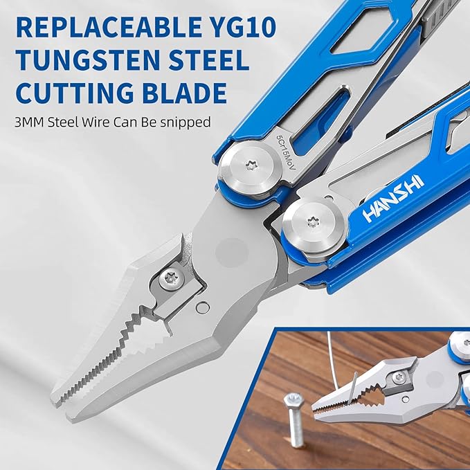 HANSHI Multitool Pliers 22-in-1 YG10 Tungsten Steel Multi Tool with ScissorsReplaceable Wire Cutters Flint Window Breaker Back ClipIdeal for Camping Survival and Gift(Blue)