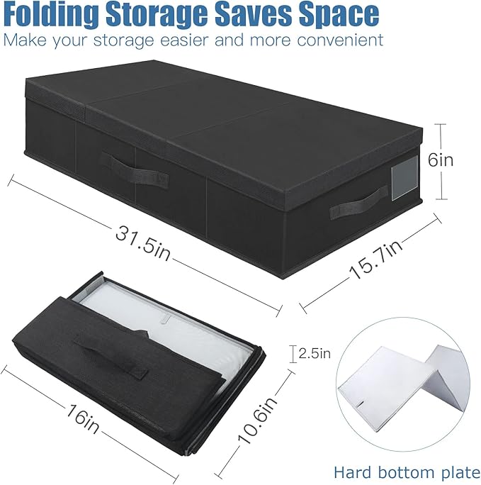 Supowin Underbed Storage Containers Bin with Lids (Set of 2) Large Under Bed Storage Organizer Box with Handle Foldable Under the Storage Bags for Organizing Clothes Shoes Blankets Pillows-Black