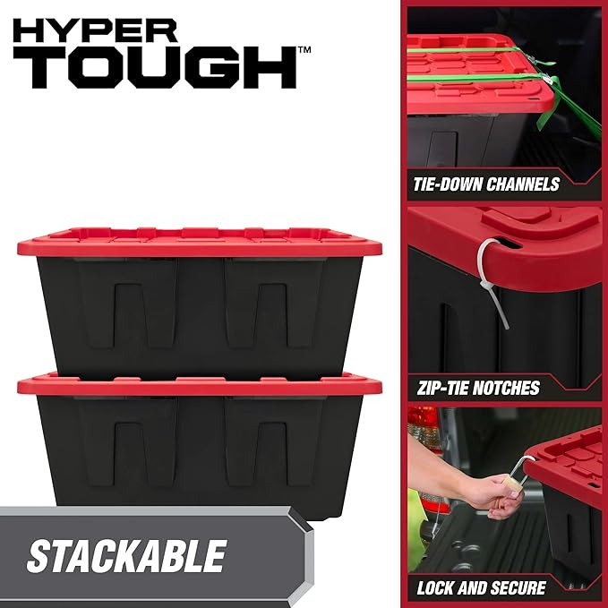 Tough 40 Gallon Plastic Storage Bin with Snap Lid Stackable Lockable Black/Red Set of 2 Heavy-Duty Durable Multi-Purpose Storage Containers for Indoor &amp Outdoor Use