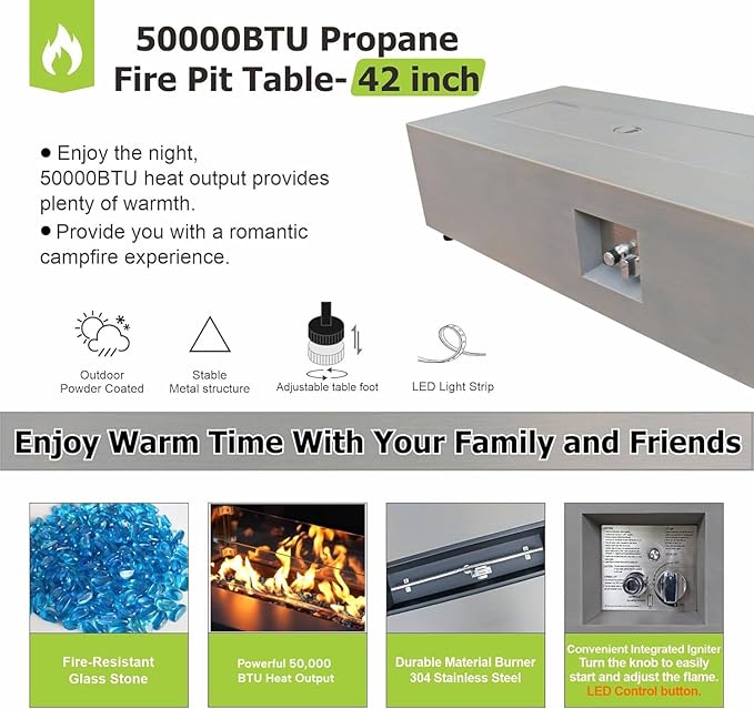SUNPEAK 42 Modern Fire Pit Table with LED Light 50000 BTU Deck Fire Pit Table Includes Wind Guard Lid Rocks &amp Cover - Propane Gas Patio Fireplace Chimenea para Patio (Grey/Golden Light 42 L