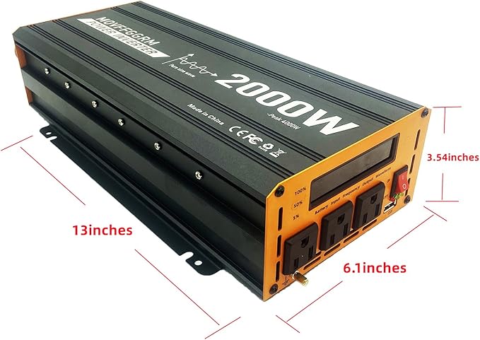 2000W Pure Sine Wave Power Inverter peak-4000 WattDC 12V to 110Vwith 3xACUSB PortLCD Digital Display