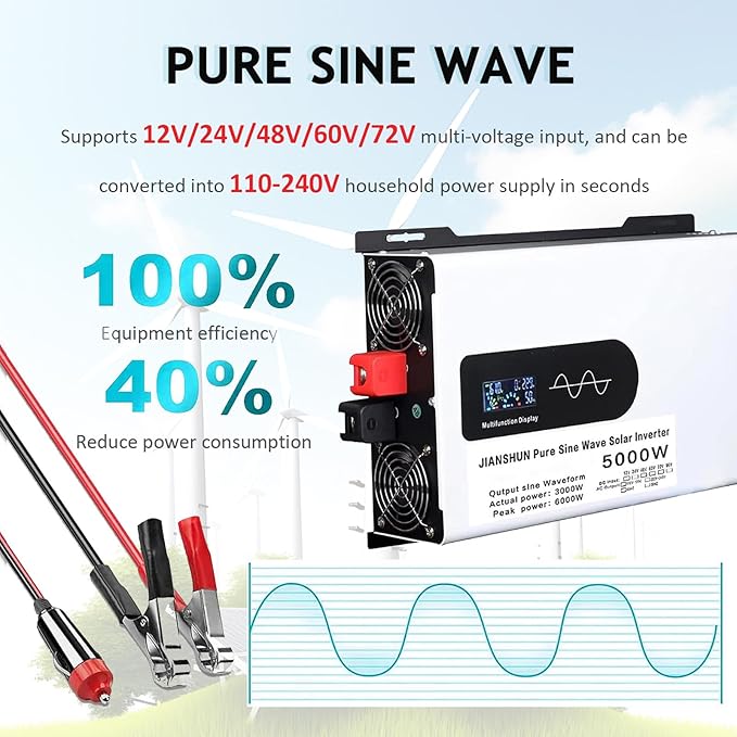 5000W Hybrid Solar Inverter 12V 24V 48V 60V 72V DC to 110V 220V AC Converter with LCD Screen Display Pure Sine Wave Inverter for Truck Home Vehicles Laptop Trip72V-5000W