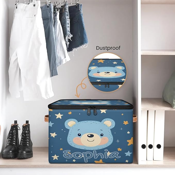 Custom Storage Basket with Name Personalized Storage Bins with Zipper Lid Foldable Fabric Storage Box Large capacity with Handle Star Blue Bear