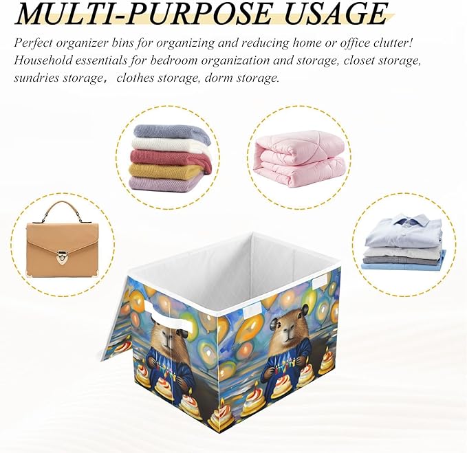 Storage Cube with Lid Birthday Capybara Print 16.5×12.6×11.8 IN Collapsible Large Capacity Foldable Storage Basket Bin Organizer