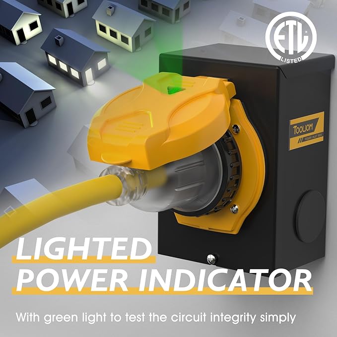 TOOLIOM 30 Amp Generator Power Inlet Box 3-Prong NEMA L5-30P Power Inlet Box for 30 Amp Generator Cord 125 Volt 3750 Watts Weatherproof 30 Amp Generator Inlet Box with Light Indicator ETL Listed