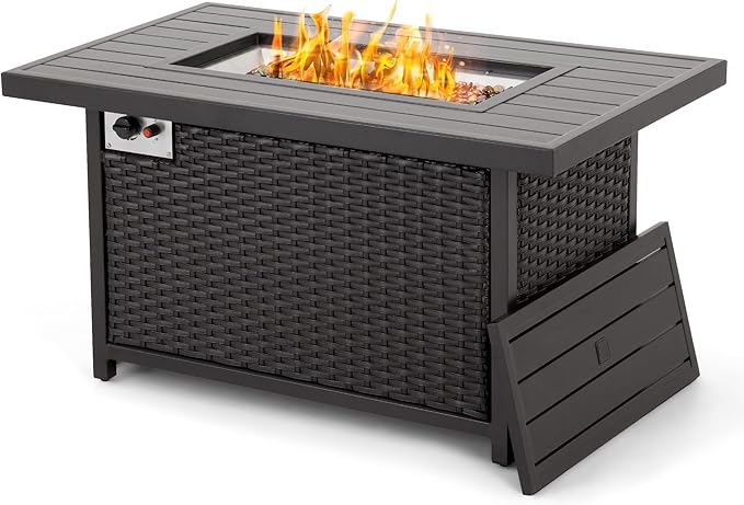 HAPPATIO Propane Fire Pit Table - 48 inch 50000 BTU Aluminum Outdoor Patio Fire PitWicker &amp Aluminum Rectangular Propane Gas Fire Pit Clear Glass Rock and Tabletop Lid Black PE Rattan(Brown)