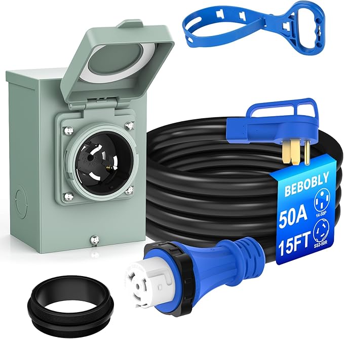 BEBOBLY 50 Amp Power Inlet Box and 15FT Generator Cord 125V/250V Emergency Power Combo Kit NEMA 3R Generator Plug NEMA14-50P/SS2-50R RV Power Extension Cord Twist Lock Grip Handle