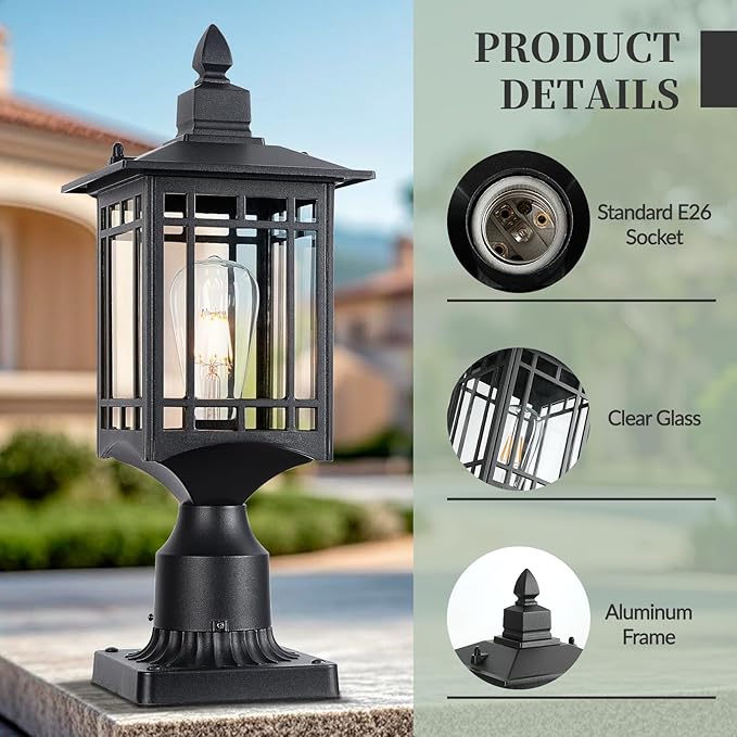 Outdoor Post Light17in Matte Black Lamp Post Light Fixture Waterproof Aluminum Housing with GlassOutdoor Lighting Pole Lantern for Outside Yard Patio Pathway Garden Deck Hard Wired
