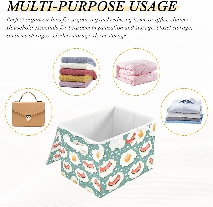 Storage Cube with Lid Bacon Egg Cartoon Print 16.5×12.6×11.8 IN 1 Pack Collapsible Large Capacity Foldable Storage Basket Bin Organizer