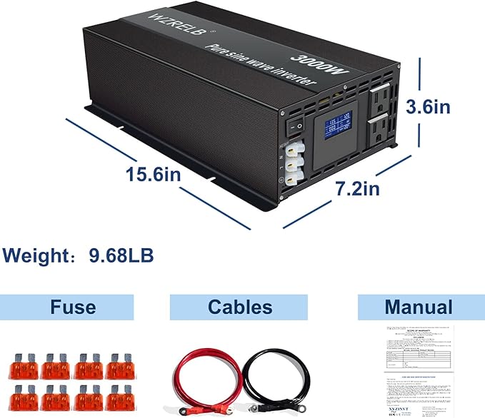 WZRELB Pure Sine Wave Inverter 3000W 12VDC to 120VAC Solar Power Peak 6000W Converter Truck RV Home LCD Display Black (LN300012)