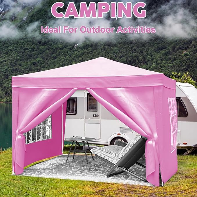 10'x10' Folding Canopy with 4 Removable Sidewalls Outdoor Event Shelter UPF 50+ Gazebo Portable Tents for Parties Beach Camping Wedding EZ Pop Up Canopy Weight Bag + Carry Bag (Pink)