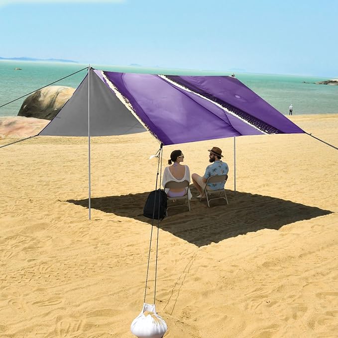 Beach Canopy with Windproof Ropes &amp Sandbags Beach Tent Sun Shade Sun Shelter for Camping Trips Fishing Backyard Fun or Picnics Purple Texture