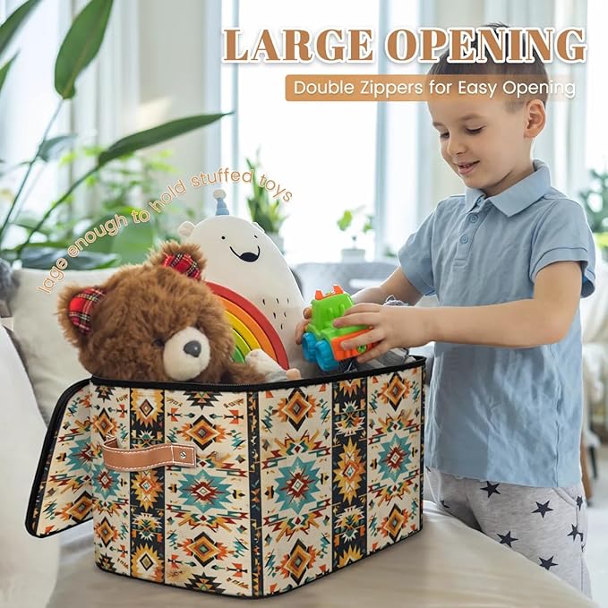 Boho Aztec Storage Bins with Zipper Aztec Western 2 Pack Lid Fabric Storage Boxes Home Cubes Baskets Clothes Organizer Container