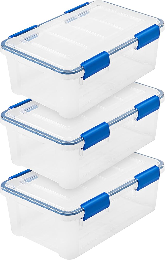 IRIS USA WeatherPro 16 Qt Storage Bins with Lids 3 Pack BPA-Free Plastic Gasket Box with Tight Latch and Seal Stackable Nestable Tote Tub - Clear/Blue