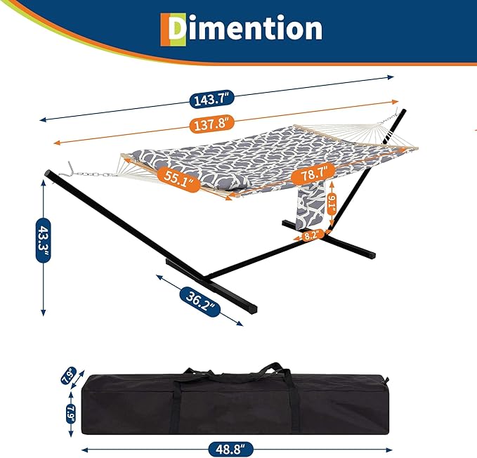 Two Person Hammock with Stand for Outside Heavy Duty Outdoor &amp Indoor Steel Frame Hammock with V-Shaped Wood Spreaders &amp Quilted Polyester Pad - 480lbsLight Grey Pattern Color