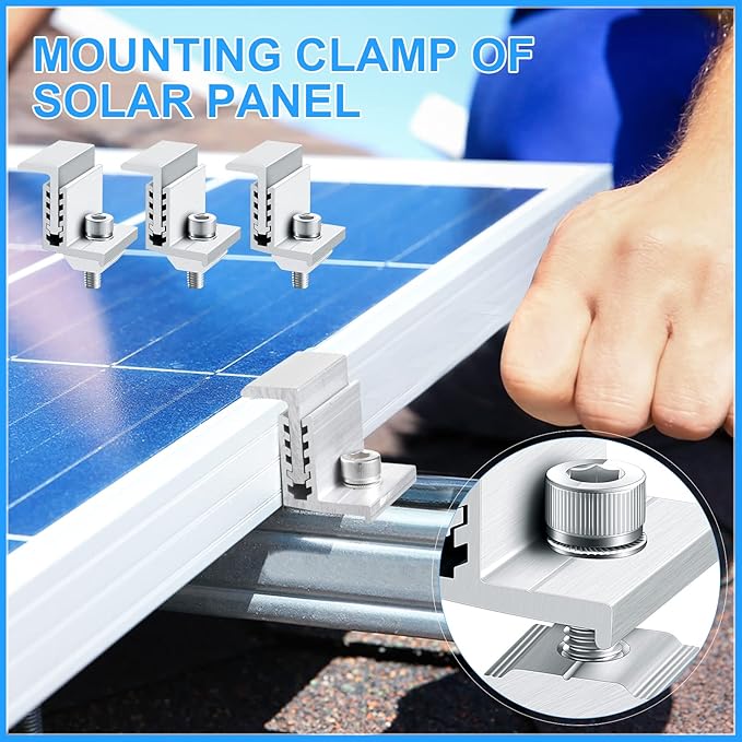 Zhengmy 20 Pack Solar Panel End Clamp Mounting Z Bracket Mid Clamps Aluminum Rail End Clamps Clips Adjustable Panels Grounding Gutter Kit for Pv Mounting System Install Hardware Fasteners Accessory