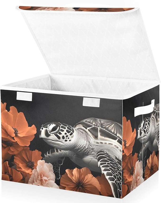 Storage Cube with Lid Sea Turtle Floral Print 16.5×12.6×11.8 IN Collapsible Large Capacity Foldable Storage Basket Bin Organizer