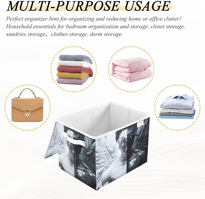 Black and White Angel Storage Cube Bins Basket with Lid Collapsible Flip-top Fabric with Handle for Home Bedroom Closet Office 16.5×12.6×11.8 in