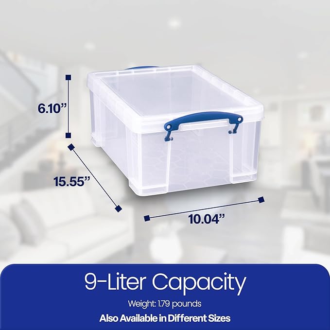 Really Useful Box Stackable 9 Liter Plastic Storage Container Bin with Snap Lid and Built-in Clip Lock Handles for Home &amp Office Organization (3 Pack)