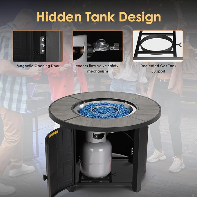 TLGREEN Propane Fire Pit Table 30 Inch Round – 50000 BTU Outdoor Fire Pit with Lid Converts to Patio Coffee Table Certified Includes Waterproof Cover &amp Blue Fire Glass(Grey)