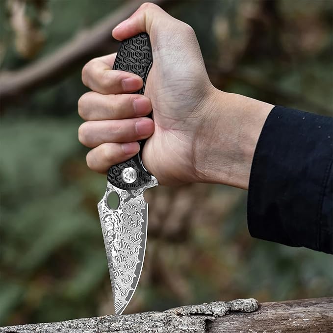 Zingbee Pocket Knife for EDC Damascus Pocket Knife with Black Aluminum Handle 3.3 Damascus Blade Pocket knives &amp Folding Knives
