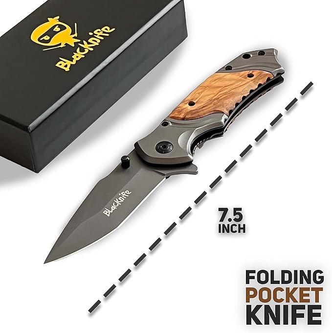 BlacKnife Pocket Knife For Men Folding Pocket Knife with Wooden Handle and Clip – Ideal Knife for Camping Hunting DIY (Happy Anniversary)