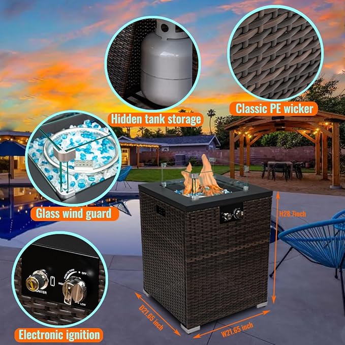 22in Outdoor Propane Gas Fire Pit Table 40000 BTU Auto-Ignition Gas Firepit with Glass Wind Guard Painted Steel Tabletop Mixed Color Glass Rocks Brown PE Rattan