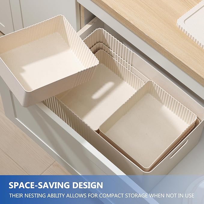 6 Pack Plastic Storage Bins with Lids - Nestable &amp Stackable Organizer Baskets for Pantry Closet &amp Shelves - Decorative Storage Containers Set (S/M/L 3 Sizes) - BPA Free