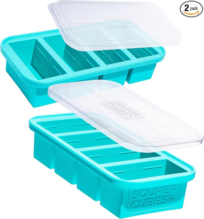Souper Cubes 1 Cup Silicone Freezer Molds with Lids - Soup Cubes with Steel Reinforced Rim - Perfect for Freezing Broth Rice Individual Portions Meal Prepping and More - Aqua - 2-Pack
