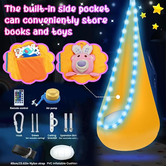 Light Up Kids Pod Swing Seat Upgraded Kids Hanging Hammock with LED Lights Swing Chair for Indoor &amp Outdoor (Orange)